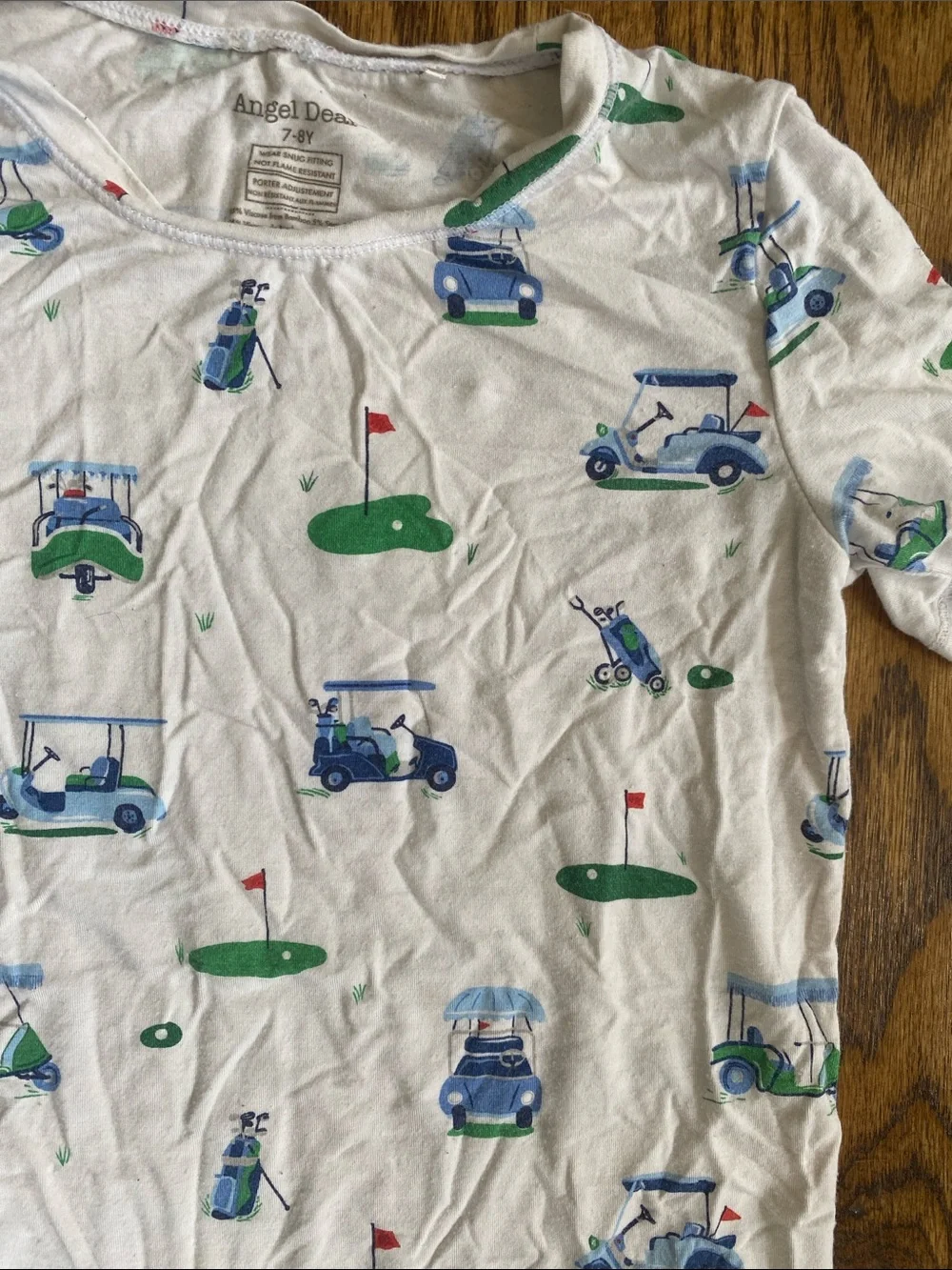 Angel Dear white golf print, bamboo 2 piece pajama set, size 7-8. Great cond